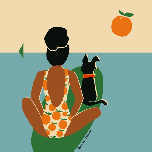 Girl on Surfboard with dog Illustration by Cherbear Creative Studio