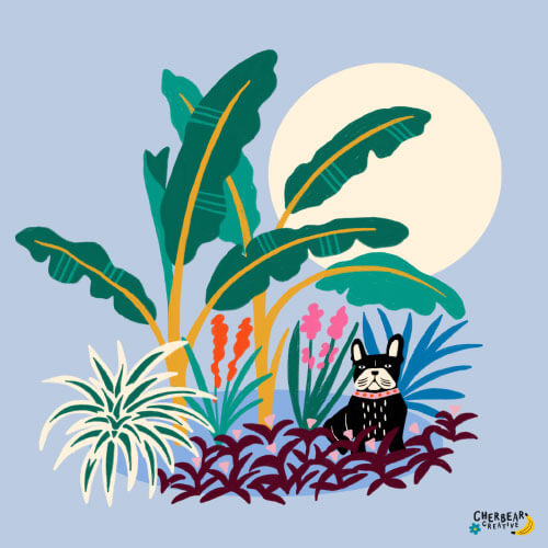 Tropical Garden and Frenchie Dog by Cherbear Creative Studio