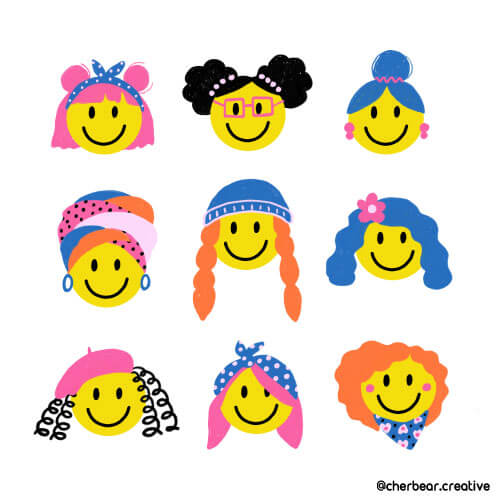 Smiley Face girls illustration by Cherbear Creative Studio